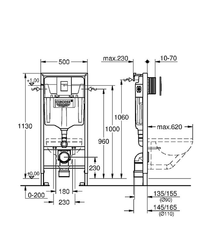Комплект унитаза Villeroy&Boch O Novo 5660H101 с инсталляцией Grohe Rapid SL 38772001 с сиденьем Микролифт и клавишей смыва Хром