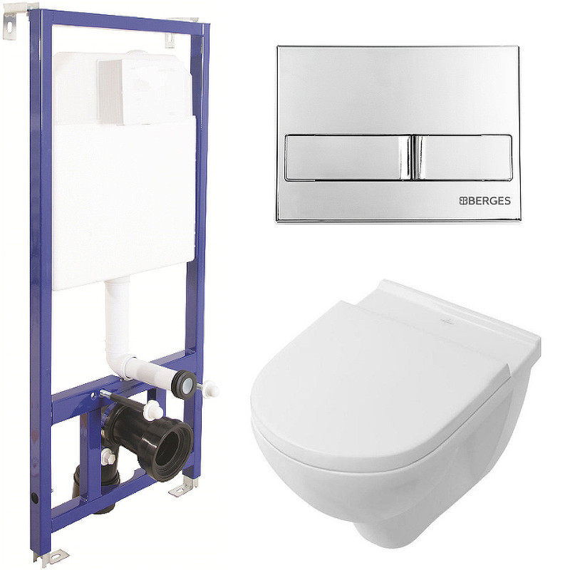 Комплект унитаза Villeroy&Boch O Novo 5660H101 с инсталляцией Berges Novum L3 040213 с сиденьем Микролифт и клавишей смыва Хром