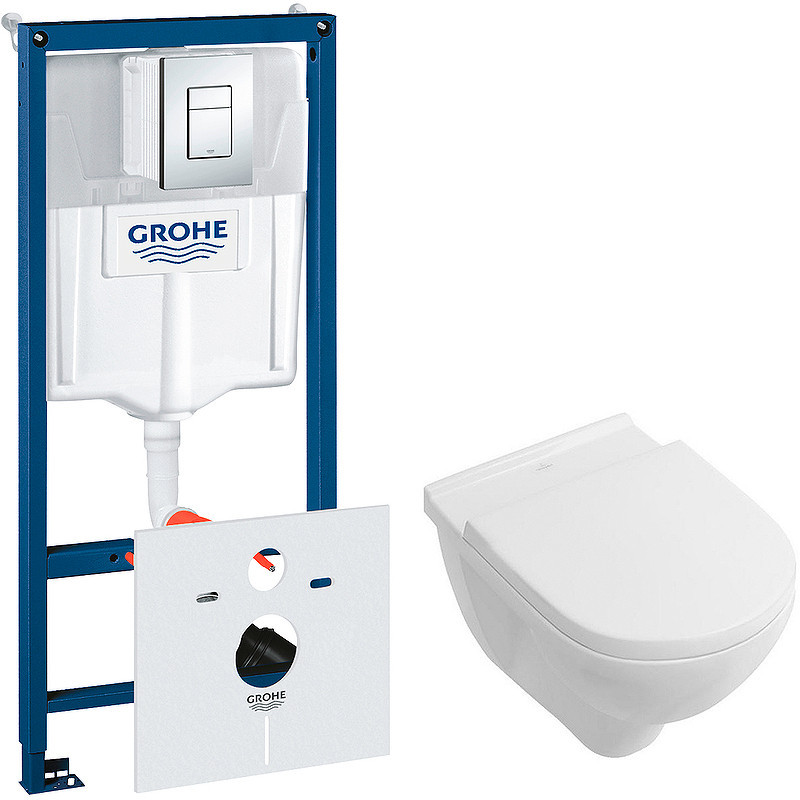 Комплект унитаза Villeroy&Boch O Novo 5660H101 с инсталляцией Grohe Rapid SL 38775001 с сиденьем Микролифт и клавишей смыва Хром