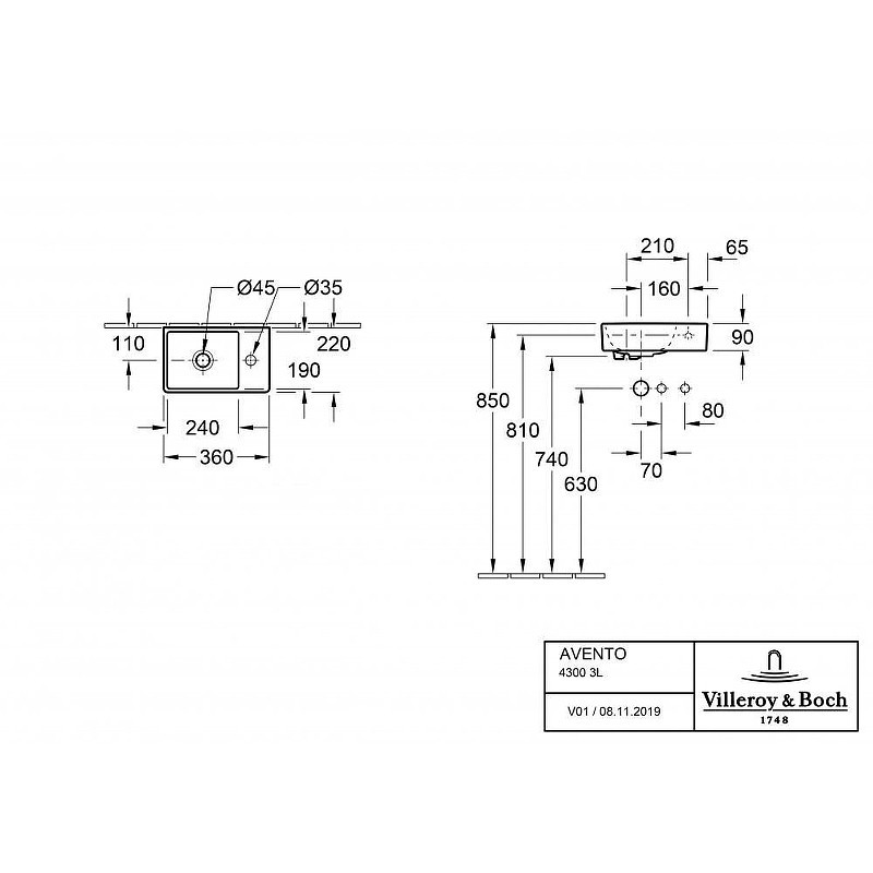 Раковина Villeroy&Boch Avento 36 L 43003L01 цвет Альпийский белый
